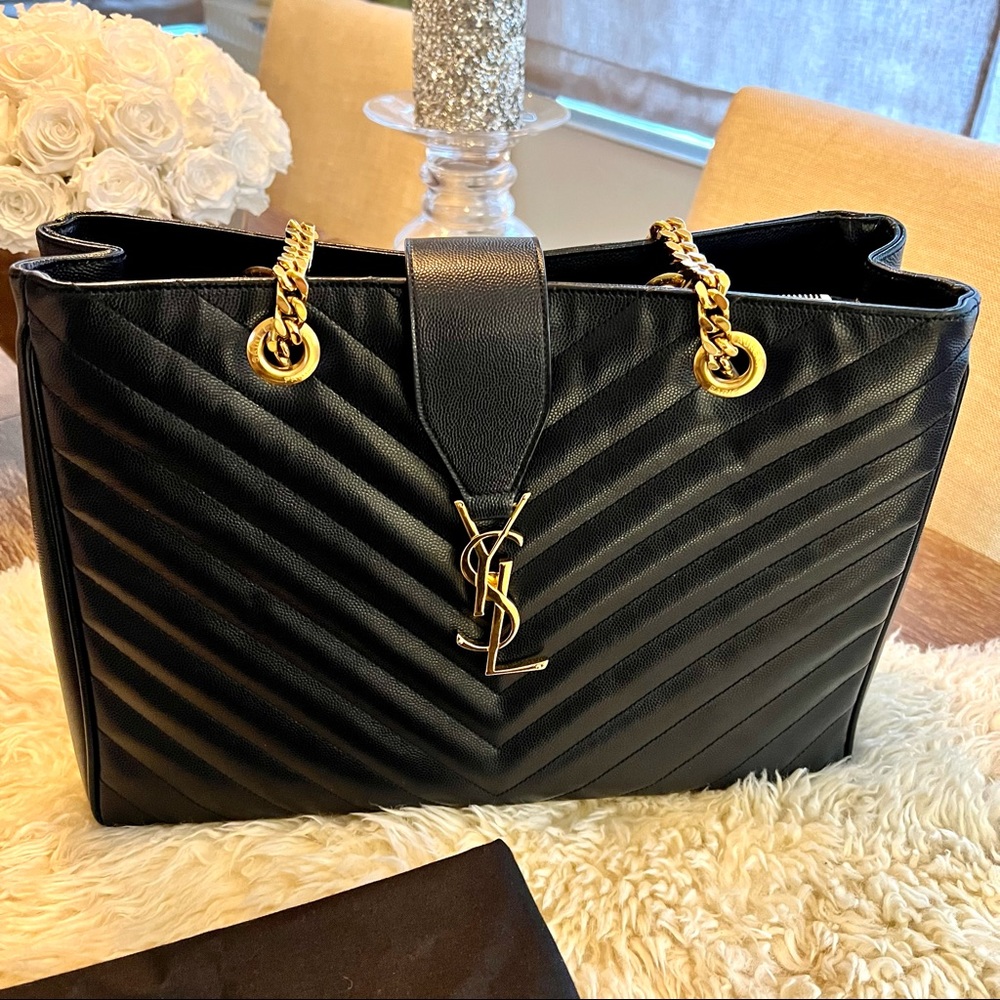 YSL Monogram Grained Shopper Navy Leather Shoulder Bag